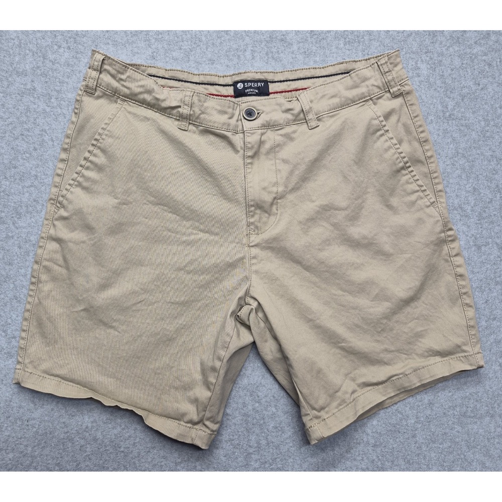 Sperry Mens  Shorts 32 Khaki Tan Stretch Flat Front Chino Coastal Preppy Casual